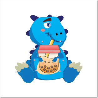 Baby Blue Dino Boba T rex Dinosaur  drinking Bubble tea Posters and Art